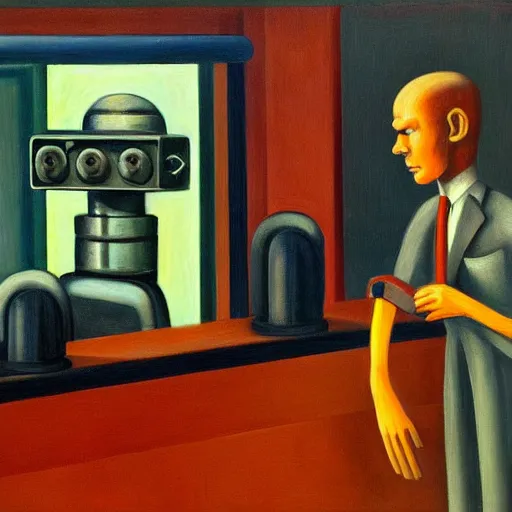 Prompt: judgemental robot butler, dystopian, pj crook, edward hopper, oil on canvas