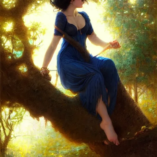 Image similar to portrait of a strong woman resting on a large tree, short black hair, decorative dark blue clothing, bare legs sharp focus, ultra realistic digital painting, colorful, cinematic lighting, high fantasy, intricate, highly detailed, smooth, elegant, gaston bussiere, bayard wu, greg rutkowski