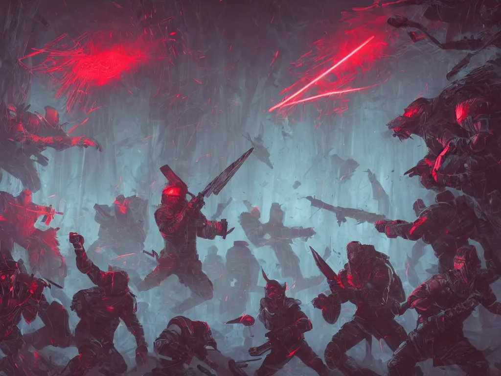 Prompt: tactical combat squad in red hoods fighting otherworldly monsters werewolves between the mystical foggy swamp. Style as if Dan Mumford and Steven Belledin make game in Unreal Engine, photorealism, colorful, finalRender iridescent fantasy concept art 8k resolution concept art ink drawing volumetric lighting bioluminescence, plasma, neon, brimming with energy, electricity, power, Colorful Sci-Fi Steampunk Biological Living, cel-shaded, depth, particles, lots of reflective surfaces, subsurface scattering