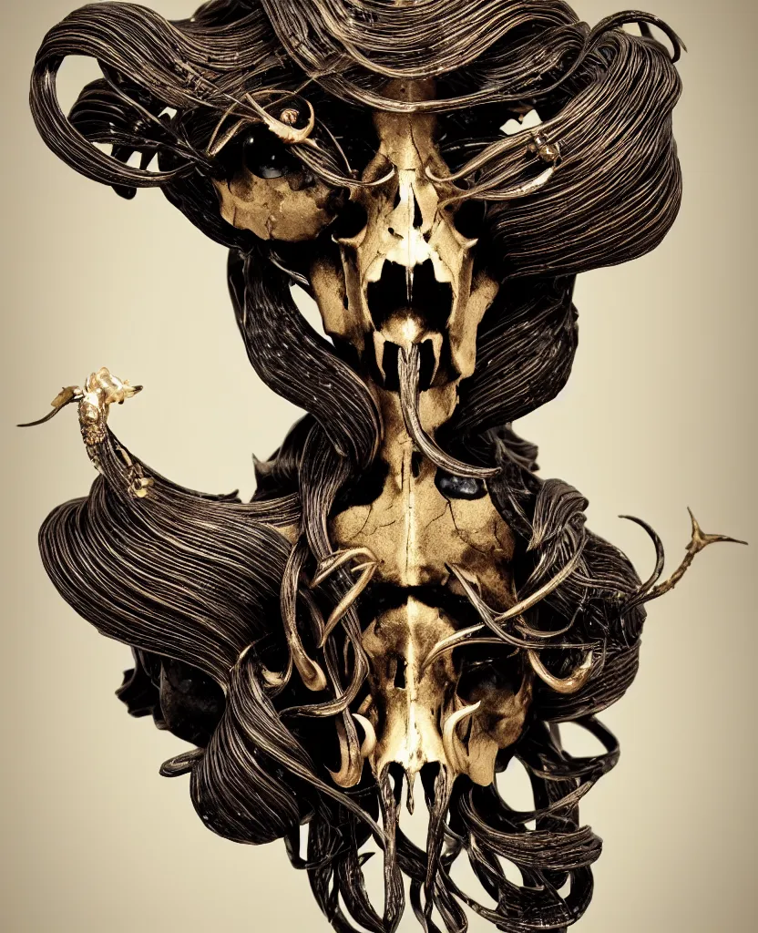 Image similar to goddess princess face close-up portrait ram skull. sculpture made of black clay and gold. jellyfish phoenix head, nautilus, orchid, skull, betta fish, bioluminiscent creatures, intricate artwork by Tooth Wu and wlop and beeple. octane render, trending on artstation, greg rutkowski very coherent symmetrical artwork. cinematic, hyper realism, high detail, octane render, 8k