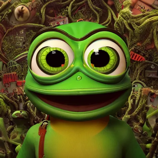 Prompt: pepe the frog as a programmer, hypermaximalistic, high details, cinematic, 8k resolution, beautiful detailed, insanely intricate details, artstation trending, octane render, unreal engine,