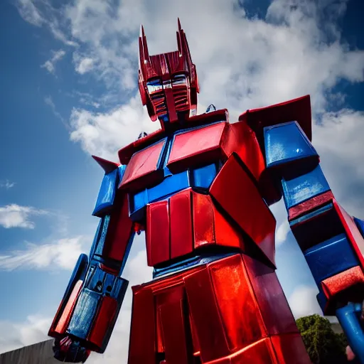 Image similar to A man dressed as Optimus prime, 8k, digital photograph