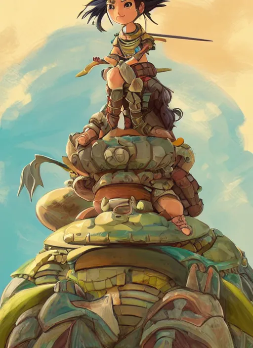 Image similar to portrait of a little warrior girl character sitting on top of a giant armored turtle in the desert, studio ghibli epic character with dark skin and beautiful green eyes, very beautiful detailed symmetrical face, long black hair, bright colors, diffuse light, dramatic landscape, fantasy illustration