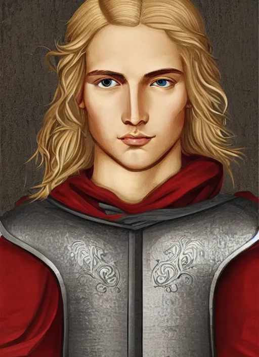 Image similar to medieval iconography of a handsome young knight with a beautiful face and clear skin, long blond hair, knight armor, no helmet, high resolution, clear image, digital art, studio photo, 4 k, clear lines, artstation