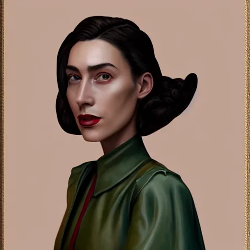 Image similar to A Crusader Kings II portrait of a Spanish young woman with high cheekbones. Good bone structure. Dressed in 1940s style. Highly detailed, fine Art, high detail, great lighting, 8k resolution, masterpiece, concept art, illustration, clear eyes, painting oil on canvas, octane render, HDR, trending on artstation, 4k, 8k, HD