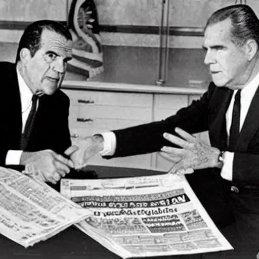 Image similar to Newspaper photograph showing President Nixon making a deal with the Mere-people of Atlantis