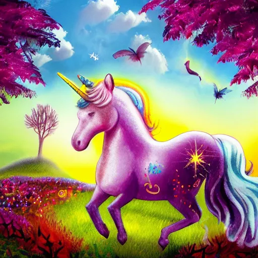 Image similar to dream : a fabulous landscape, a magical unicorn. a boy is sitting astride him. a cat is lying