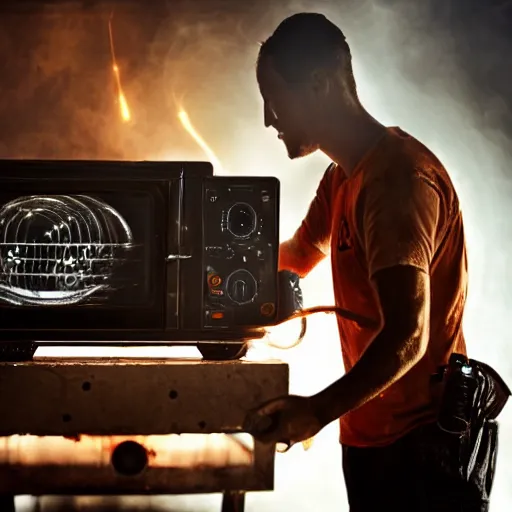 Image similar to cyborg with toaster oven for torso, dark messy smoke - filled cluttered workshop, dark, dramatic lighting, orange tint, sparks, cinematic, highly detailed, sci - fi, futuristic, movie still