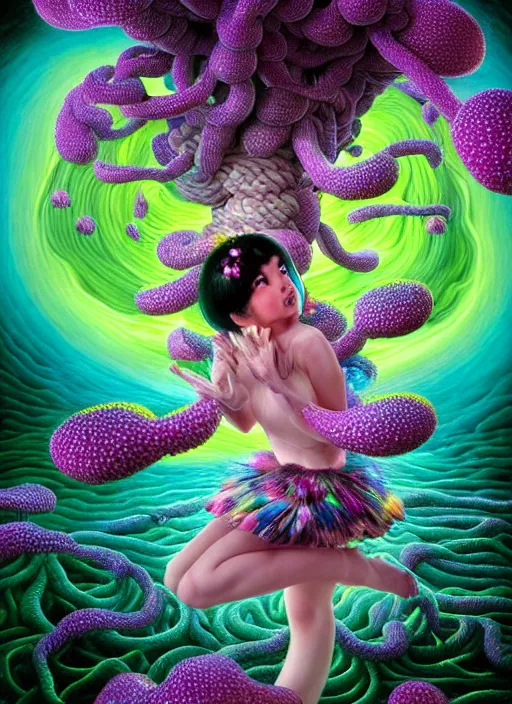 Image similar to hyper detailed 3d render like a Oil painting - kawaii portrait Aurora (black haired Fae acrobat) seen Eating of the Strangling network of yellowcake aerochrome and milky Fruit and Her delicate Hands hold of gossamer polyp blossoms bring iridescent fungal flowers whose spores black the foolish stars by Jacek Yerka, Mariusz Lewandowski, Houdini algorithmic generative render, Abstract brush strokes, Masterpiece, Edward Hopper and James Gilleard, Zdzislaw Beksinski, Mark Ryden, Wolfgang Lettl, hints of Yayoi Kasuma, octane render, 8k