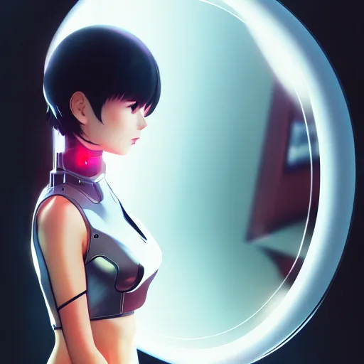 Prompt: digital anime, cyborg - girl breaking a mirror, mechanical insides, reflections, wlop, ilya kuvshinov, artgerm