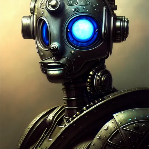 Image similar to front shot of a cyberpunk gazmask robot character, intricate, elegant, highly detailed, centered, digital painting, artstation, concept art, smooth, sharp focus, illustration, artgerm, Tomasz Alen Kopera, Peter Mohrbacher, donato giancola, Joseph Christian Leyendecker, WLOP, Boris Vallejo