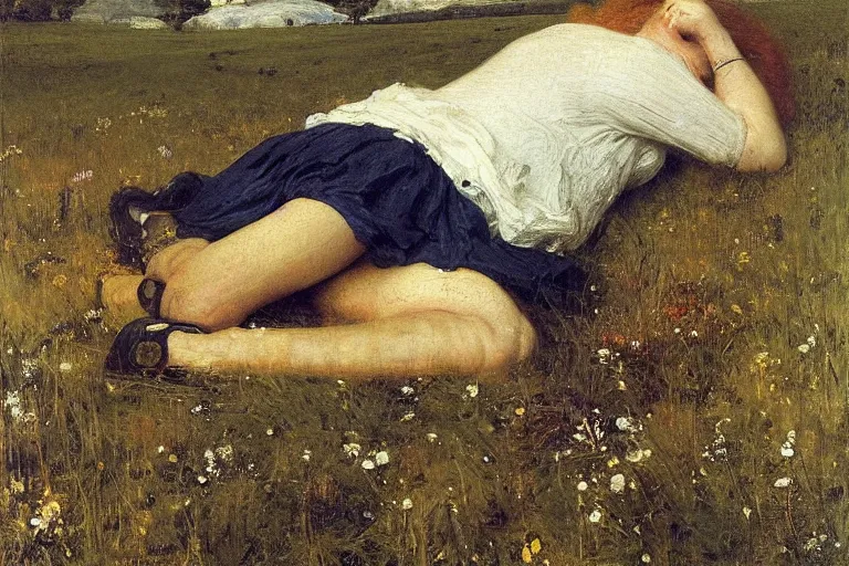 Prompt: sad portrait of an astronaut in a meadow by sir john everett millais, photorealistic, hyperdetailed, ethereal, masterpiece, oil painting