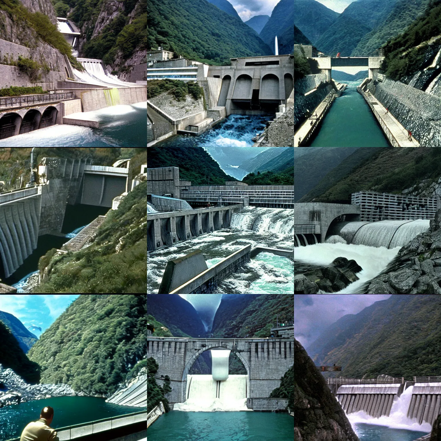 Prompt: Verzasca Dam, film still from the James Bond movie Goldeneye (1995)