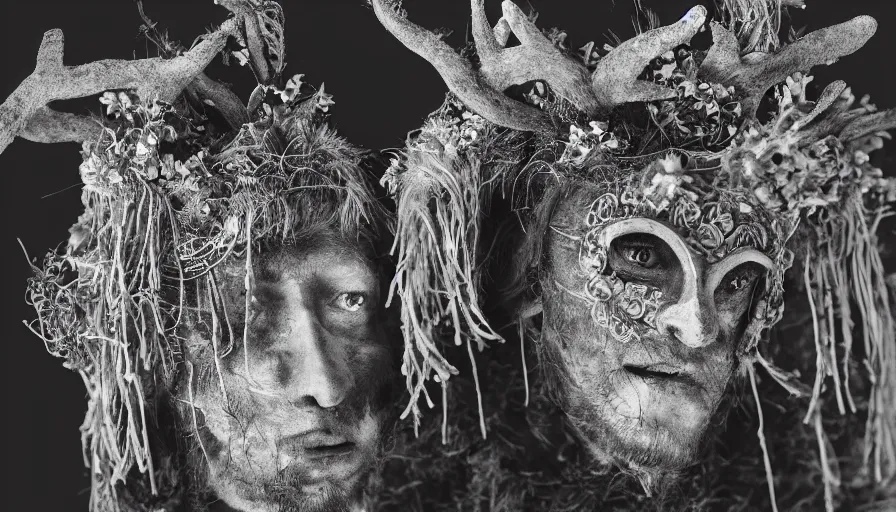 Image similar to portrait of a tyrolean folklore mask, dolomite, forest, wearing hay coat, with horns, eerie, flowers growing out of his body, detailed intricate insanely detailed octane render, 8k artistic 1920s photography, black and white, grainy, photorealistic, chiaroscuro, by David Cronenberg, Raphael, Caravaggio