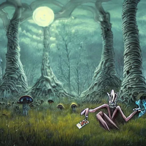 Image similar to a centered chest up portrait of a psychedelic demonic anthropomorphic wendigo smoking a hand - rolled cigarette smoking heavily, magic mushroom village in background. award winning. superb resolution. in the art style of junji ito and greg rutkowski. detailed mushroom city in background. hyper realistic anime. perfect art. dalle 2