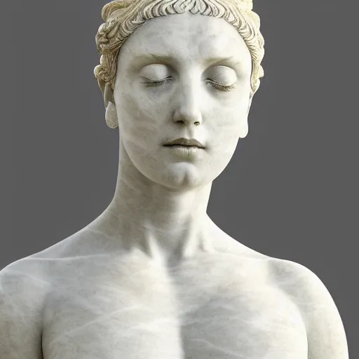 Image similar to a roman statue made of white marble with gold veins, of an beautiful pregnant woman, flowing roman dressm perfect symmetrical body, perfect symmetrical face, closed eyes, hyper realistic, hyper detailed, fujicolor superia, bokeh background, full body shot, by peter kemp, by monia merlo octane render, blender, 8 k