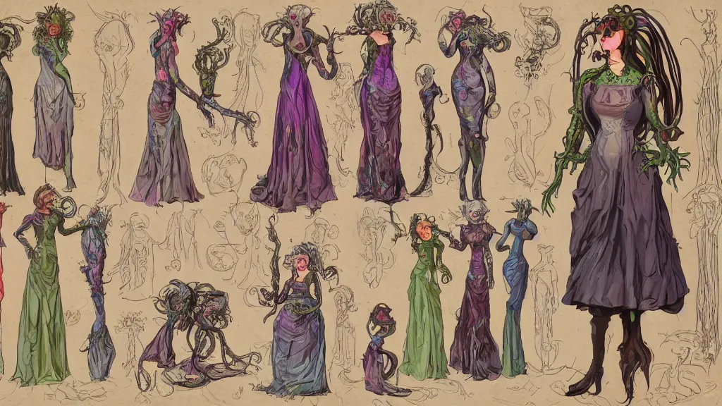 Image similar to highly detailed colorful character sheet for a stocky alien extraterrestrial victorian female servant maid with thick snake - like tentacles instead of hair, long dress with apron, mucha, ernst haeckle, jim henson creature shop, digital art, trending on artstation, hd, 8 k, good lighting, beautiful, rough paper, masterpiece