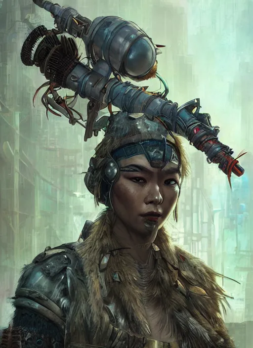 Image similar to hyper realistic photography portrait of postapocalyptic cyberpunk asian cyborg tribal warrior amazon cinematic, brom, mucha, moebius juan gimenez artstation, cgsociety