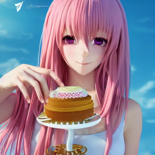 Prompt: Render of a beautiful 3d anime woman holding a birthday cake to show the camera, long light pink hair, full bangs, hazel eyes, cute freckles, full round face, soft smile, Chinese heritage, cute checkerboard sundress, golden hour, serene beach setting, medium shot, mid-shot, hyperdetailed, trending on Artstation, Unreal Engine 4k