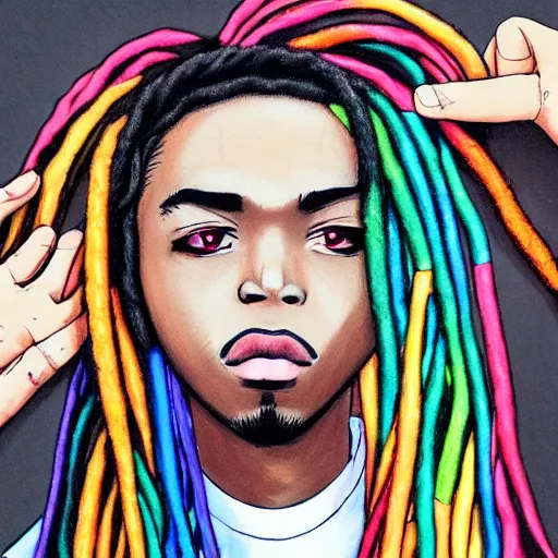 Prompt: colorful elastic bands as a rapper with short dreadlocks, anime art style, extremely detailed, trending on art station