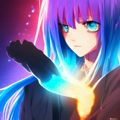 Prompt: rimuru tempest from tensura holding purple fire in her palm, with amber eyes of golden colored eyes, straight hair, sky blue hair, long bangs, concept art, award winning photography, digital painting, cinematic, wlop, 8 k, by ross tran, andy warhol, makoto shinkai