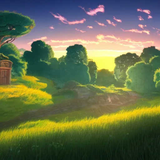 Image similar to the shire at sunset in the style of ghibli, 8 k, artstation, award wining, - 7 6 8