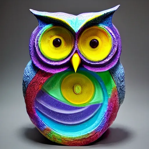 Prompt: symmetrical detailed sculpture of an owl, made of Colorful Soap