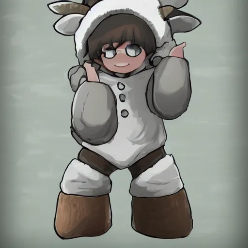 Image similar to little boy wearing sheep suit. white, gray, blue, green and brown pallet color. made in abyss art style, inspired in kris from deltarrune, cute detailed artwork