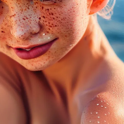 Image similar to beautiful serene intricate portrait of a cute thin young woman, red blush, cute freckles, smug smile, modern clothes, relaxing on the beach, golden hour, close up shot, soft focus, 8 k, art by irakli nadar, hyperrealism, hyperdetailed, ultra realistic