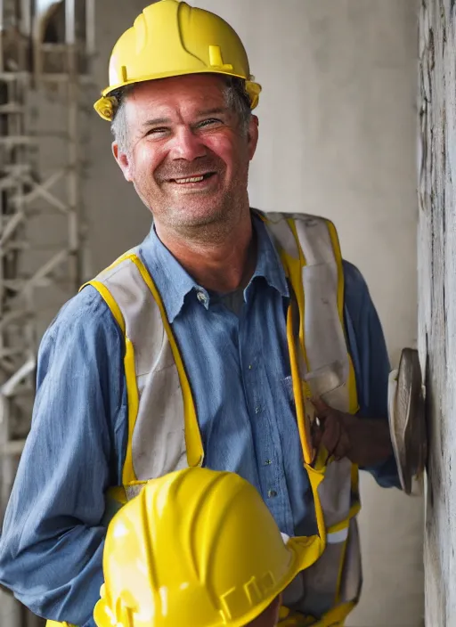 Image similar to portrait of cheerful bryan craston as a crane operator, yellow hardhat, natural light, bloom, detailed face, magazine, press, photo, steve mccurry, david lazar, canon, nikon, focus