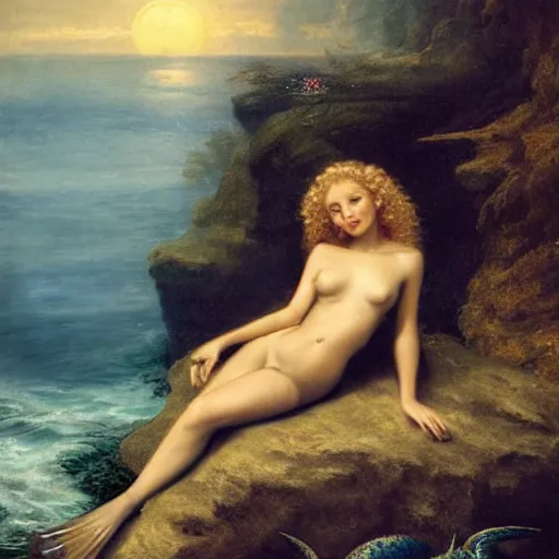 Image similar to masterpiece portrait of a beautiful mermaid with curly blonde hair reclining on a rock on the edge of the sea in the moonlight, 8k