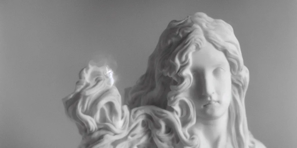 Prompt: analog photograph portrait of a marble statue of a woman, long flowing hair, nightgown, heavy film grain, smoke, sparkles, 8k, sheen, gloss, greyscale, white background, high contrast