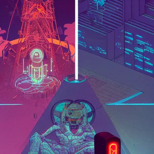 Image similar to a cyberpunk explorer meditating next to a floating triangular glowing monolith with one eye, highly detailed, midnight, by josan gonzalez and victo ngai and moebius