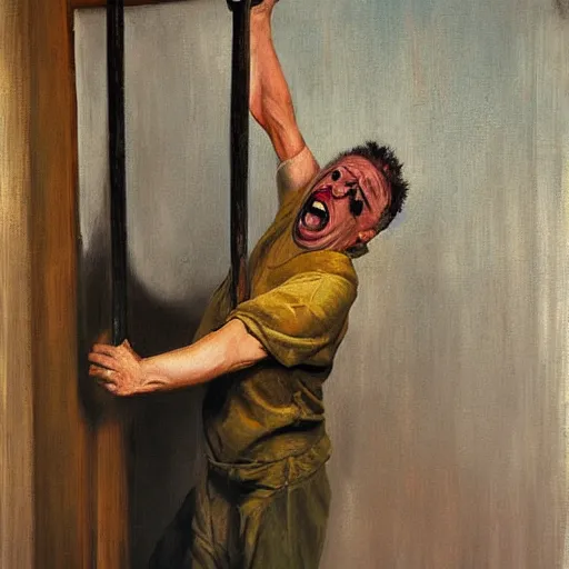 Image similar to a screaming prisoner holding prison bars, realism old painting, oil painting