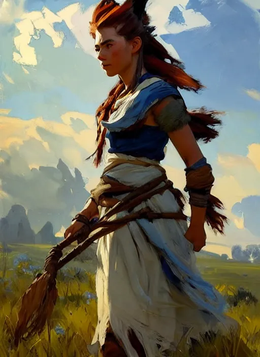 Image similar to Greg Manchess painting of Aloy from Horizon Zero Dawn, countryside, calm, fantasy character portrait, dynamic pose, above view, sunny day, thunder clouds in the sky, artwork by Jeremy Lipkin and Giuseppe Dangelico Pino and Michael Garmash and Rob Rey, very coherent asymmetrical artwork, sharp edges, perfect face, simple form, 100mm