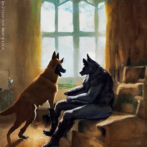 Image similar to a humanoid german shepherd beast - man, sitting and watching a soccer match in his house on television, he has hurt his knee and is a dad, by erin hanson, alexi zaitsev, karl spitzweg, award winning, tv set