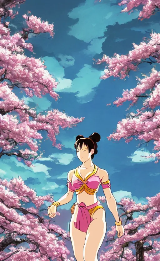 Prompt: an ultrawide photo of chun li standing in front of sakura trees, studio ghibli concept art, detailed face, beautiful face, beautiful eyes, beautiful lighting, hdr, 4 k