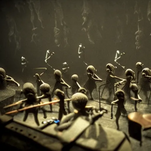 Image similar to the last orchestra, extremely detailed claymation art, dark, moody, foggy