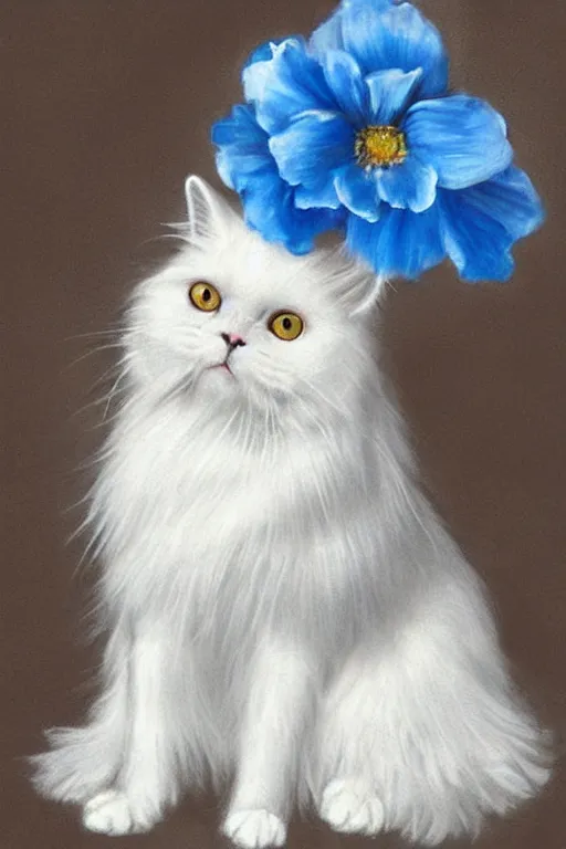 Image similar to Portrait of a sitting white Persian cat with a flower on its head, hyper realistic, blue eyes, super detailed.