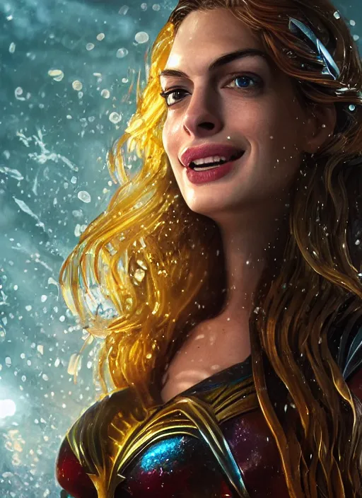 Prompt: anne hathaway as aquaman, au naturel, hyper detailed, digital art, trending in artstation, cinematic lighting, studio quality, smooth render, unreal engine 5 rendered, octane rendered