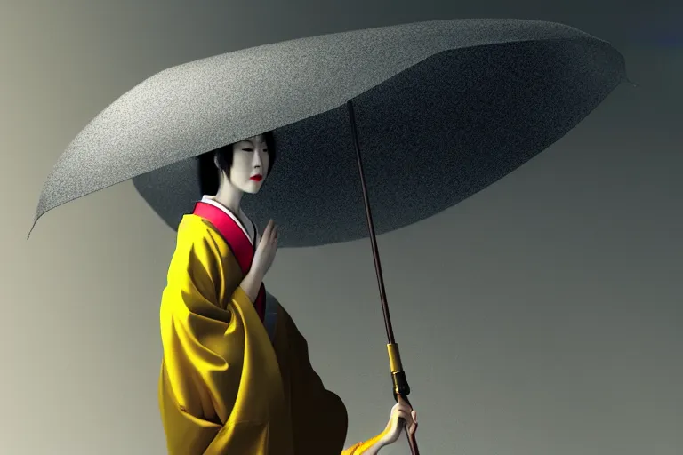 Image similar to surreal fullbody Portrait of japanese geisha with yellow umbrella in dmt chromatic misty enviroment, elegant, highly detailed, smooth, sharp focus, illustration, beautiful, geometric, dmt trending on artstation, cinematic, artwork by WLOP