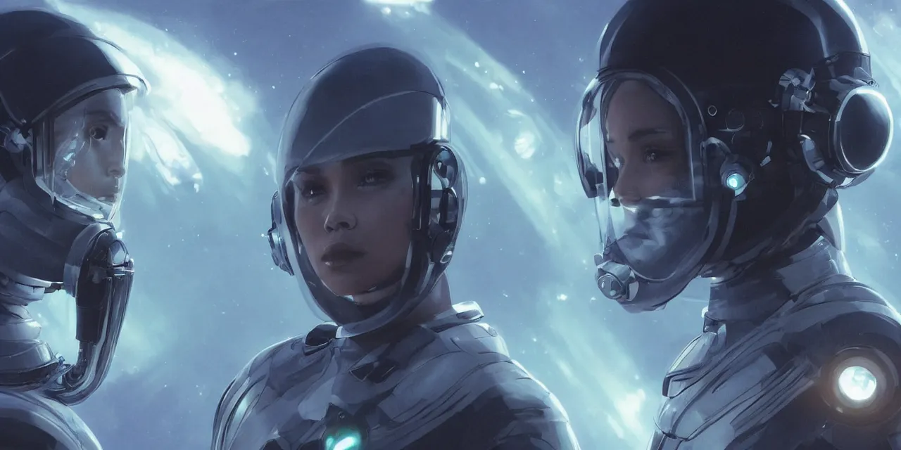 Prompt: Zoe Kravitz with short hair as a futuristic astronaut, helmet with led lights, underwater in the ocean at night, dark water, volumetric lighting, glowing lights, 4k, octane, digital painting, artstation, concept art, sharp focus, illustration, cinematic film still, art by artgerm and greg rutkowski and alphonse mucha , wide angle view,