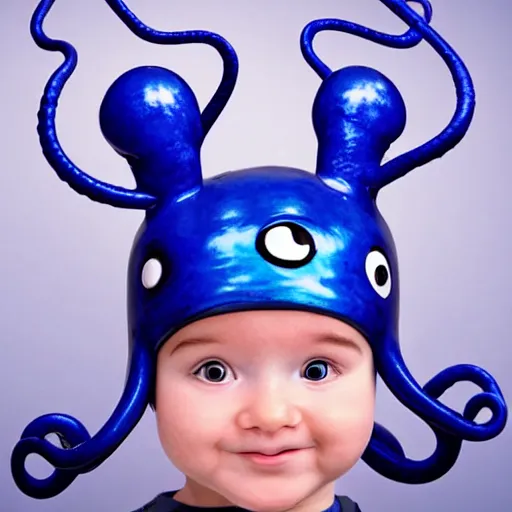 Image similar to beauty photograph of an adorable baby faced alien with tentacles on the sides of it's mouth, blue, tiny horns