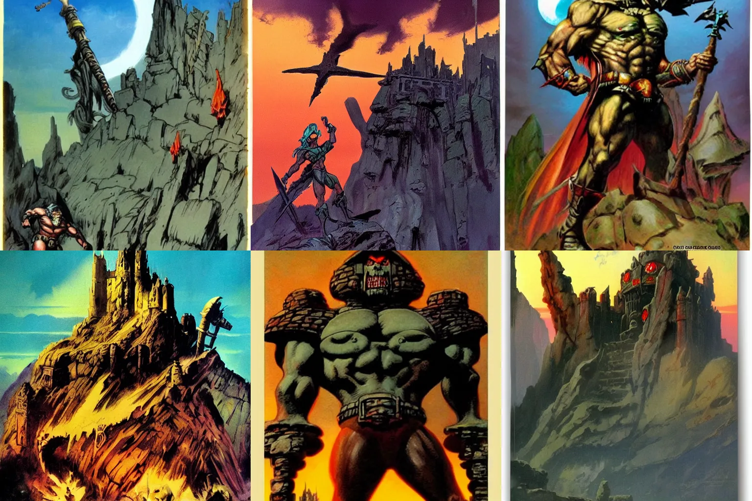 Prompt: castle grayskull from he-man by frazetta, sunset