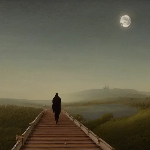 Image similar to A beautiful painting of person walking on the bridge , moon shining in the sky, trending on artstation, oil on canvas by Casper David Friedrich