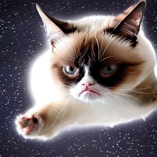 Image similar to photo of hyperspeed flying through outer space, grumpy cat running fast with motion blur