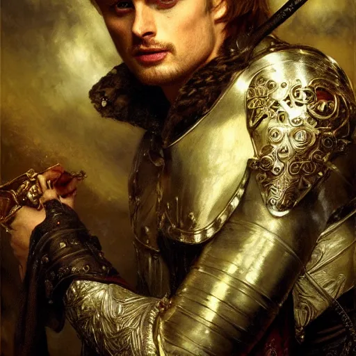 Prompt: attractive bradley james as attractive king arthur pendragon, natural lighting, high quality, very detailed painting, by gaston bussiere, tom bagshaw, j. c. leyendecker