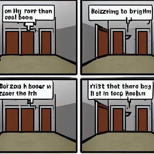 Prompt: a small long room the room is dirty in the right side there is a window you can't see anything because there's a fog in the right window in the left side there is a door in the other side of the door they are a couple of zombies getting the door the door is almost broken because of the zombies