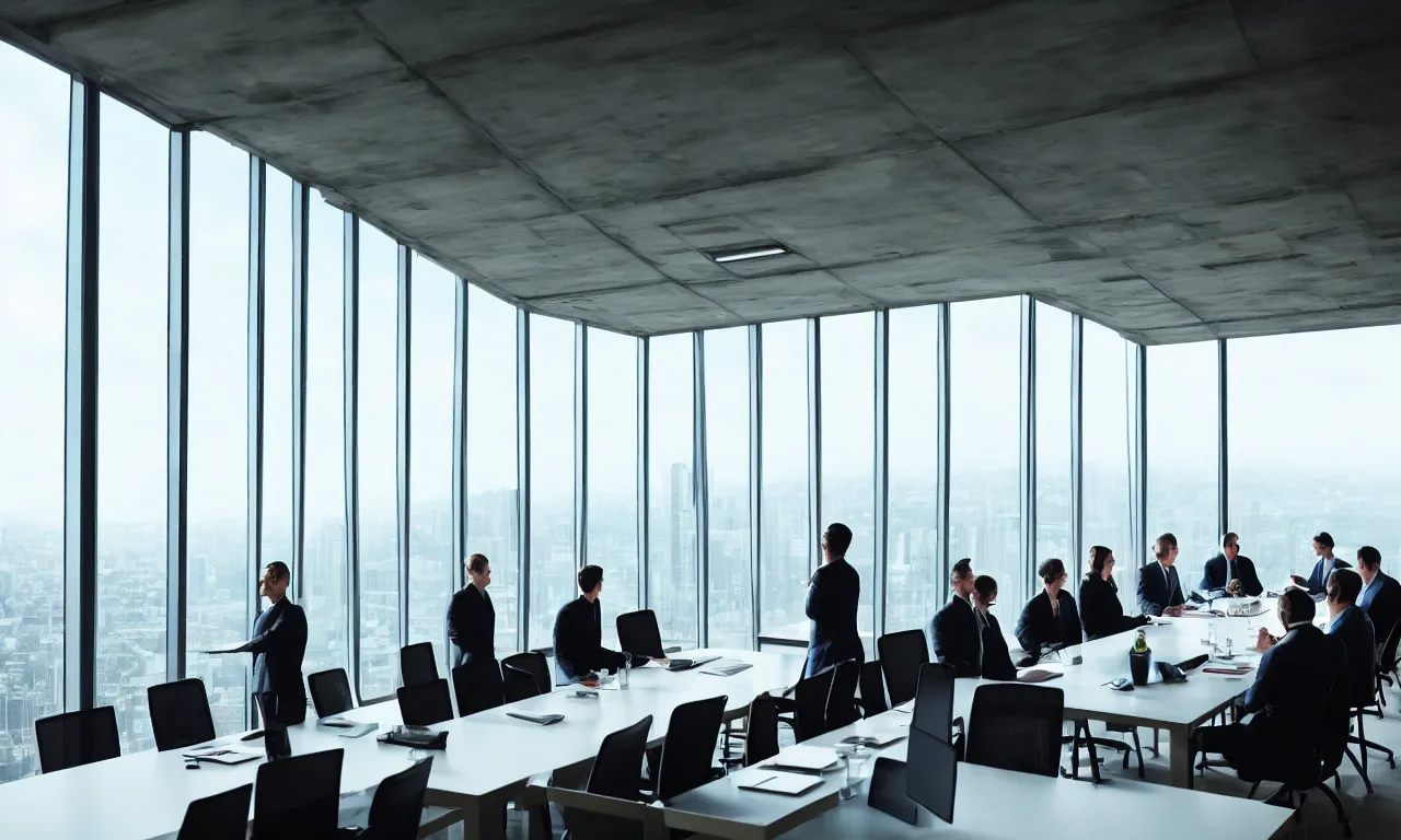 Prompt: business people inside modern conference centre, business seminar, business meeting, architectural style, window, concrete, steel, glass, low level camera view,