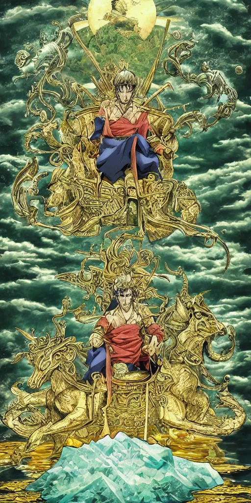 Prompt: a lone emperor sitting on a emerald throne floating on water in the middle of a lake drawn by Makoto Yukimura in the style of Vinland saga anime, full color, detailed, psychedelic, Authority, structure, a father figure, tarot card